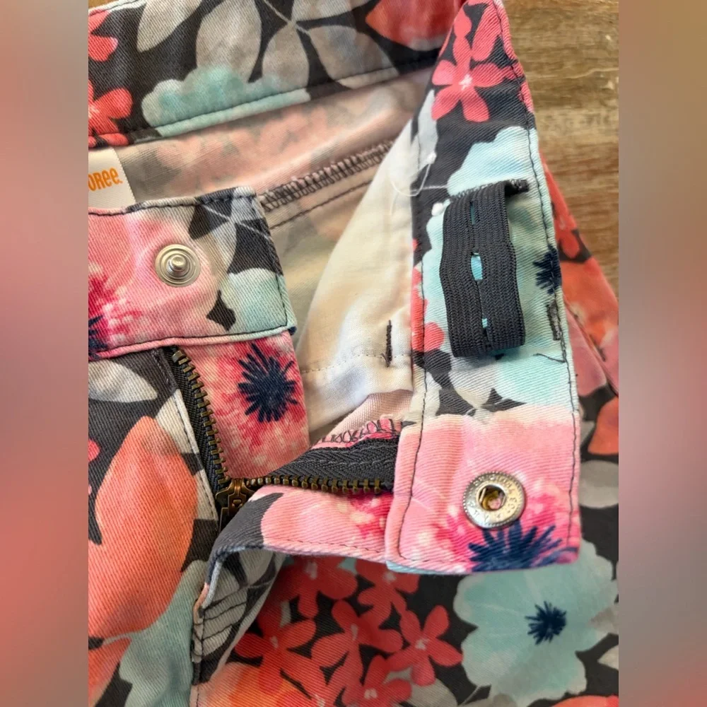 Gymboree Girls Stretch Jeans Size 8 Adjustable Waistband, Coral & Aqua Floral